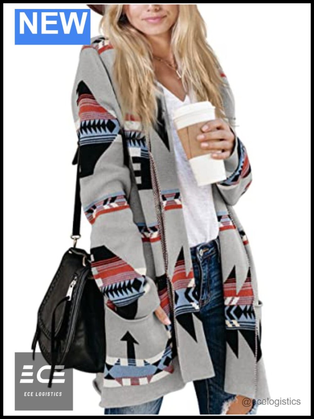 Boho Aztec Open Front Long Sleeve Cardigan Sweater Coat with Pockets